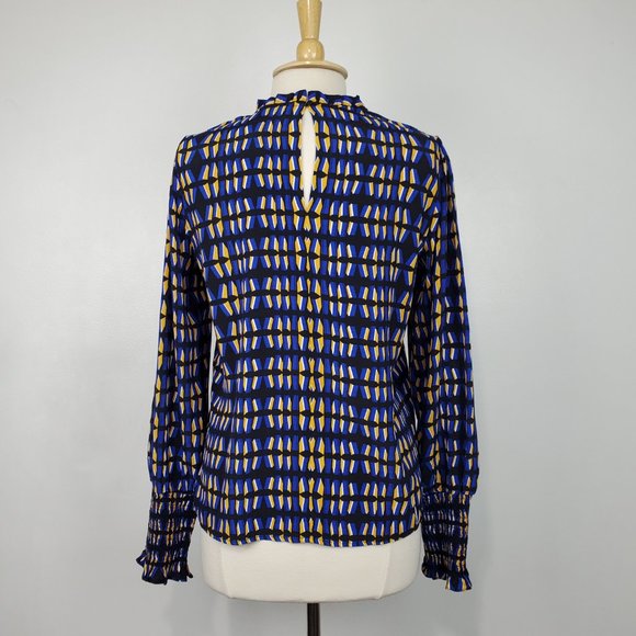 Rachel Zoe Contemporary Fit Geometric Print Ruffle Neck Top With Shirred Cuff M - Picture 7 of 11